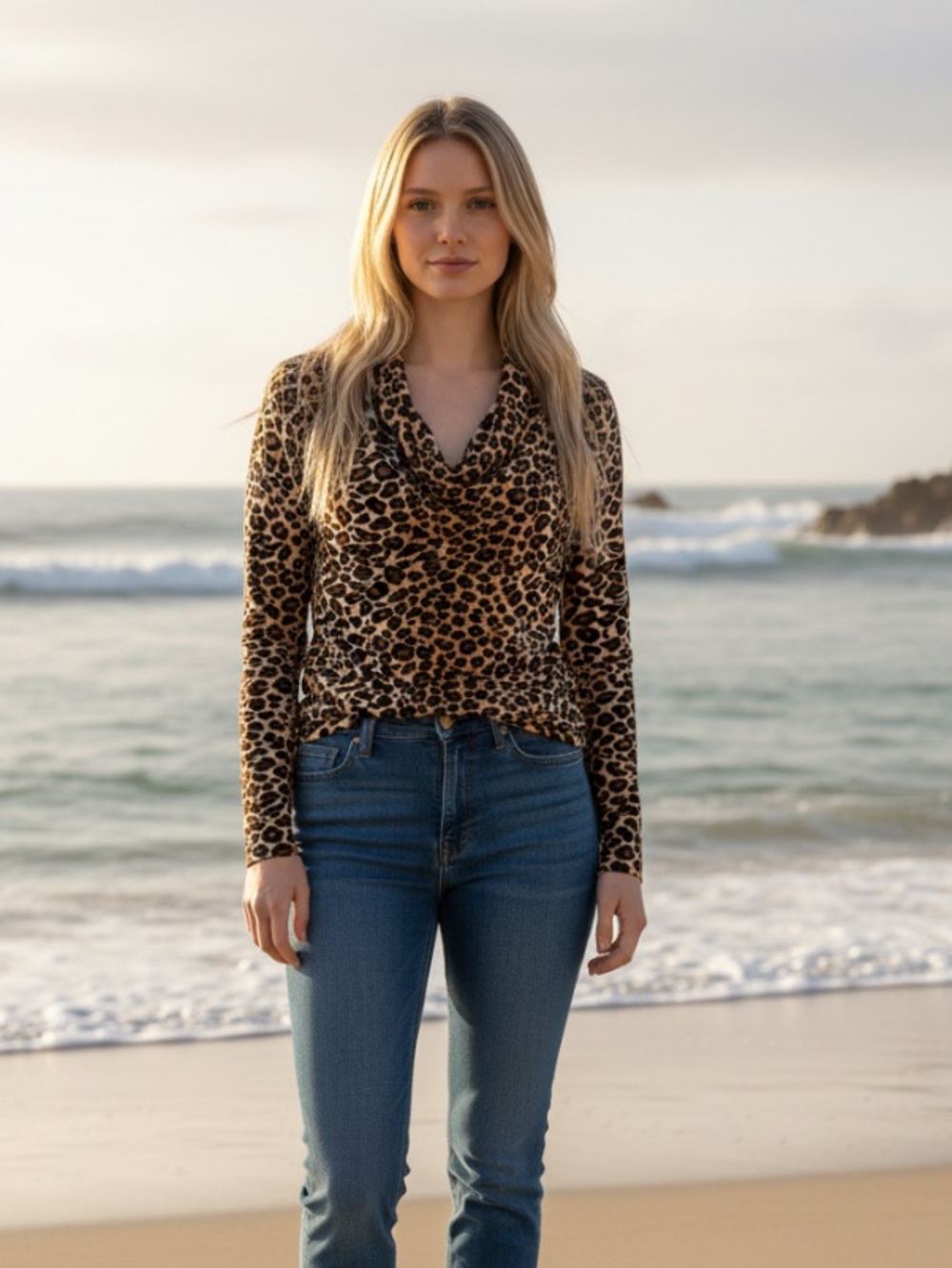 Leopard Print Long Sleeve Velour Ski Top